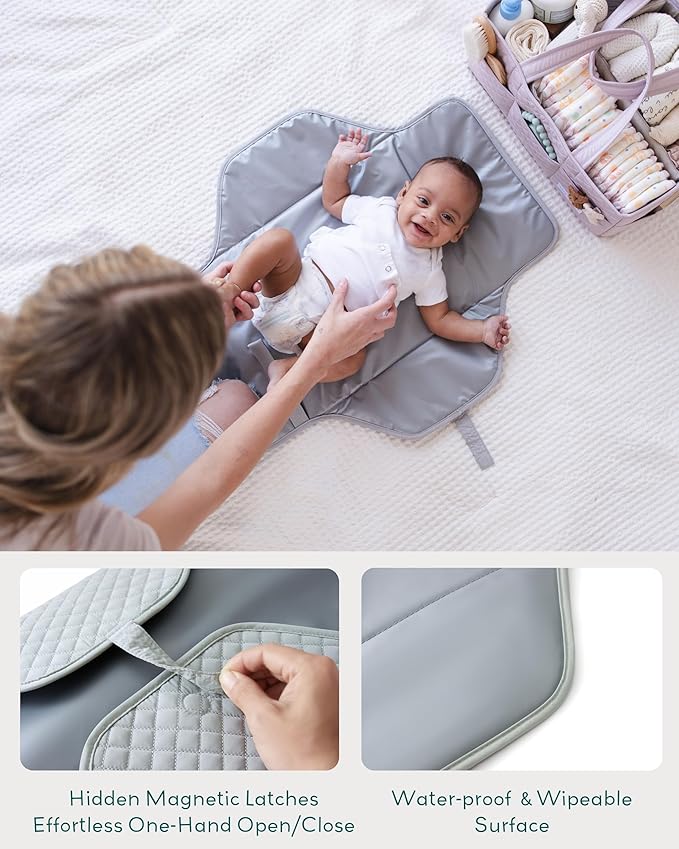 Lily Miles Baby Changing Pad Portable, Diaper Changing Mat with Magnetic Latches, Travel Pad for Diaper Bag, Baby Essentials, Wipeable & Waterproof Mat (Heather Gray, Large)