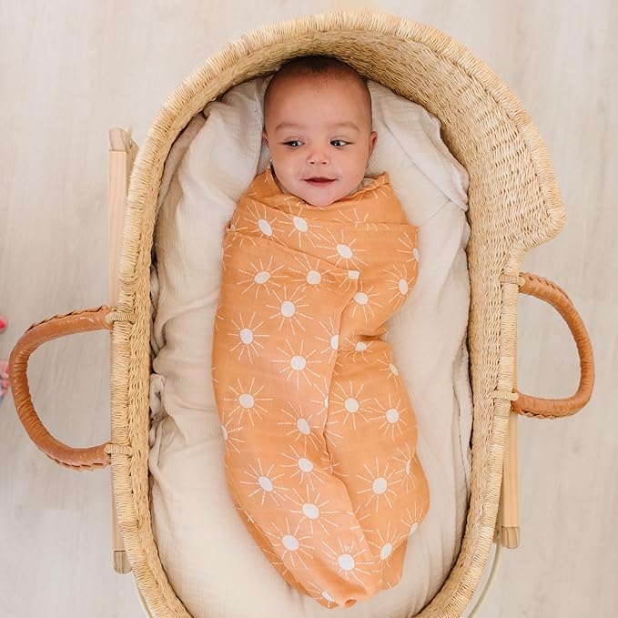 Organic Baby Muslin Swaddle Blankets for Boy or Girl - Sun and Rainbow Swaddling Blanket 2 Pack - Soft Muslin, XLarge and Breathable, Boho Baby, 47" X 47"