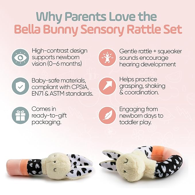 Bella Bunny Sensory Rattle Set – High Contrast Baby Toys for Newborns (0–6 Months), Soft Plush Bunny Rattle & Squeaker Gift Set for Tummy Time, Montessori & Soft Play Development