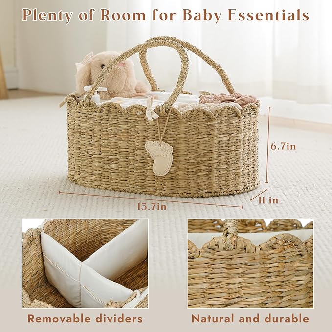 YANGQIHOME Diaper Caddy Organizer, Seagrass Nursery Baby Basket for Baby Essentials, Scalloped Wicker Diaper Caddy, Baby Shower Gifts (MeadowNest)
