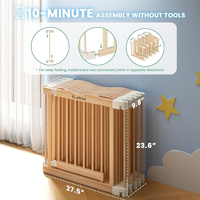 Foldable Wooden Playpen - Adjustable Wood Baby Play Yard with Door, Indoor Large Safety Fence for Babies and Toddlers - Easy Assembly, 10 Panels, Nature Nest