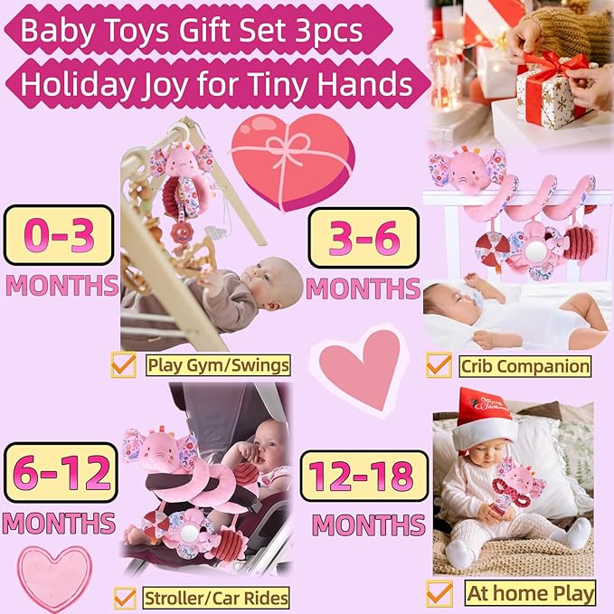 Infant Toys 0-6-12 Months Spiral Car Seat Toy, Baby Stroller Hanging Rattle Stuffed Animal Babies 0-2-3-4-5-7 Month Old Newborn Girl Valentines Gifts Easter Mirror Crinkle Pink Elephant 3PCS