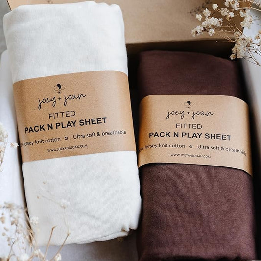 Pack and Play Sheets Fitted – Compatible with Graco Pack n Play Playard Crib and Other 27 x 39 Inch Playpen Mattress – Snuggly Soft 100% Jersey Cotton – Cream + Brown – 2 Pack