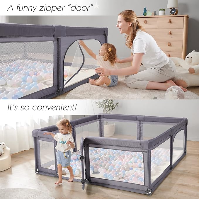 Baby Playpen,Extra Large Playpen for Babies and Toddlers, Sturdy Play Pen Play Yard with Safety Gate,79”x59”Baby Play Pen(Deep Grey)