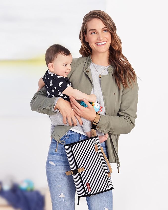 Skip Hop Pronto Signature Portable Changing Mat, Cushioned Diaper Changing Pad with Built-in Pillow, Black Stripe