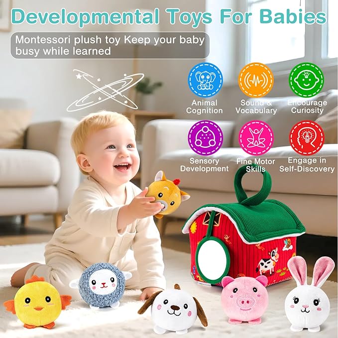Baby Toys 6-12 Months, Barn Toy with Stuffed Farm Animals - Rattle, Crinkle Paper, Montessori Toys for 1 Year Old, Sensory Toy for Toddlers 1-3 Birthday Gifts Infant Christmas Stocking Stuffers