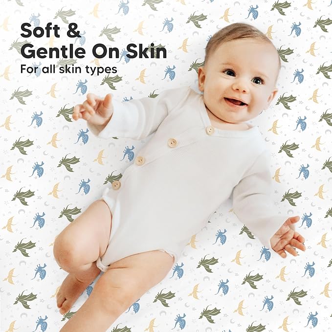 2-Pack Mini Crib Sheets Fitted - 38x26 Pack N Play Sheets for Pack and Play Mattress, Organic Cotton, Soft & Breathable Playard Bedding, Neutral Mini Toddler Bed Cover for Boys, Girls (Dragon Tale)