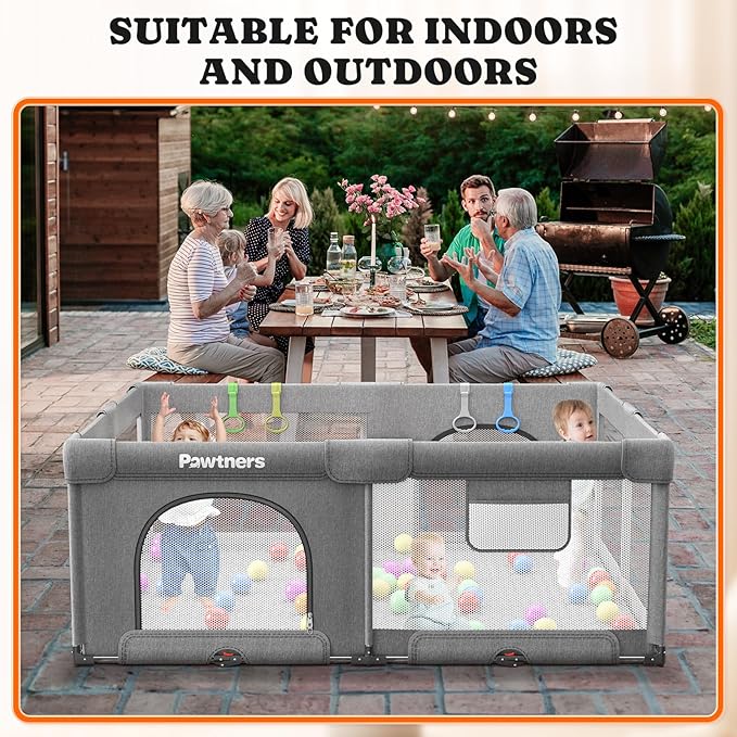 Foldable Baby Playpen: 71" L x 59" W x 27" H, Large Kids Play Yard with Mat for Indoor and Outdoor, Portable Baby Gate with 50PCS Ocean Ball, 4 Handles