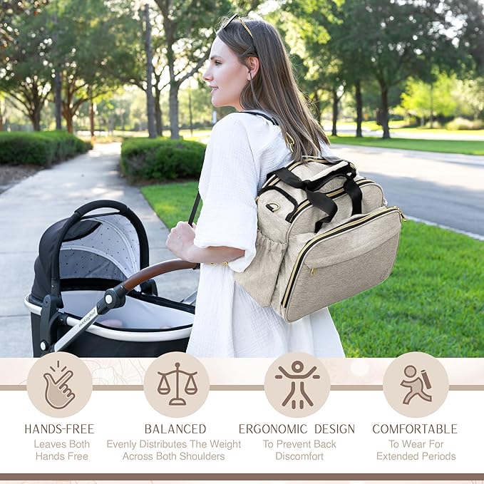 Mellories 4 in 1 Convertible Diaper Bag Tote for Baby Boys and Girls - Converts into Diaper Backpack, Baby Tote, Stroller and Crossbody Diaper Bag - Beige Baby Travel Bag - Gift for Mom