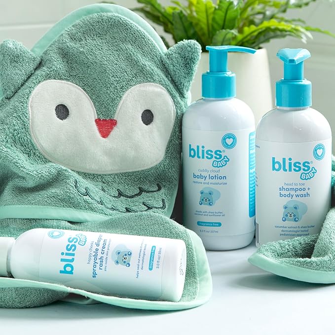 Bliss Baby Care Essentials Gift Set, Fragrance-Free - Baby Wash & Shampoo, Diaper Rash Cream, Baby Lotion & Hooded Bath Towel - Hypoallergenic, Dermatologist Tested, Clean & Vegan Baby Gift Set