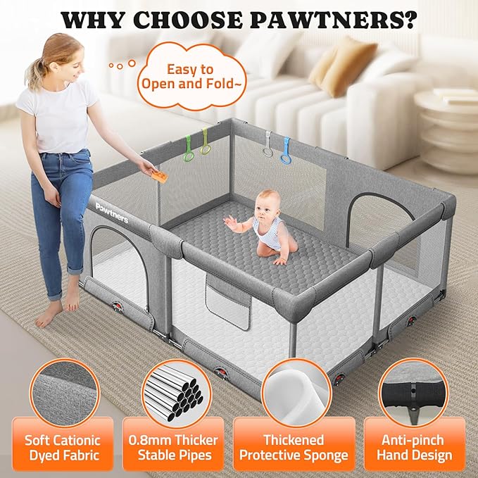 Foldable Baby Playpen: 71" L x 59" W x 27" H, Large Kids Play Yard with Mat for Indoor and Outdoor, Portable Baby Gate with 50PCS Ocean Ball, 4 Handles