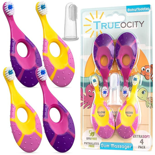 Trueocity Infant Toothbrush Set for Oral Care (12 Months+) – Soft Bristles, Small Brush Head, Easy-Grip Handle – 4-Pack (Pink & Purple)
