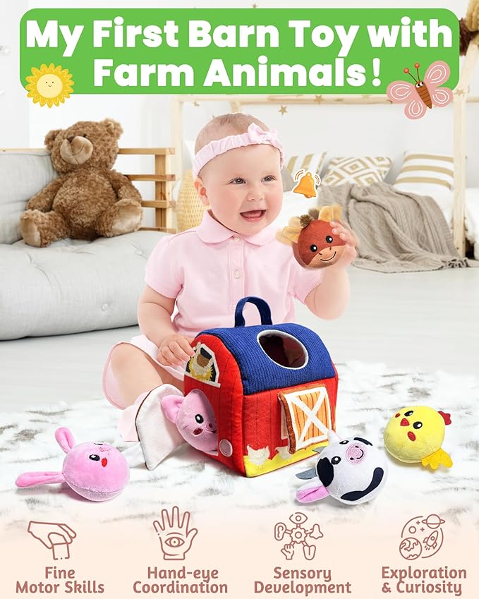 Baby Toys 6-12 Months - Infant Barn Toy with Stuffed Farm Animals, Rattle, Crinkle, Squeak, Mirror - Montessori Sensory Toys for 6 7 8 9 10 12 Month Old Babies, 1 Year Old Baby Boy Girl Gifts