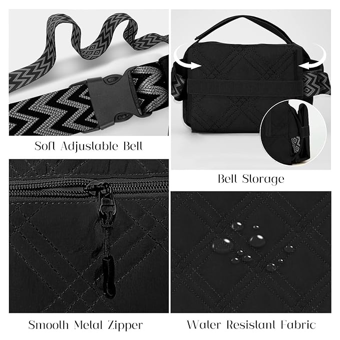 Small Diaper Bag with Portable Changing Pad, Mini Crossbody Diaper FannyPack with Wipes Pocket, Women Waist Bag for Travel (Quilted Black, Large)