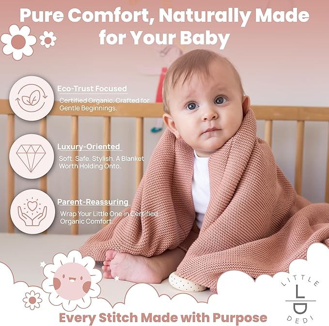 Little Dedi 100% Organic Cotton Baby Knitted Blanket with Gift Box - Soft Toddler, Crib, Stroller Blanket - Neutral Swaddle and Receiving Blanket for Newborns, 30"x40", Pink