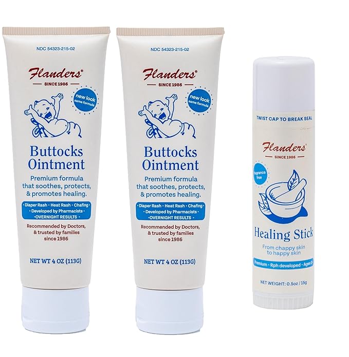Flanders Skin Relief Bundle – 2 Tubes of Buttocks Ointment and 1 Stick of Healing Balm, Pharmacist Developed, All-Natural, Safe for Sensitive Skin, Made in USA