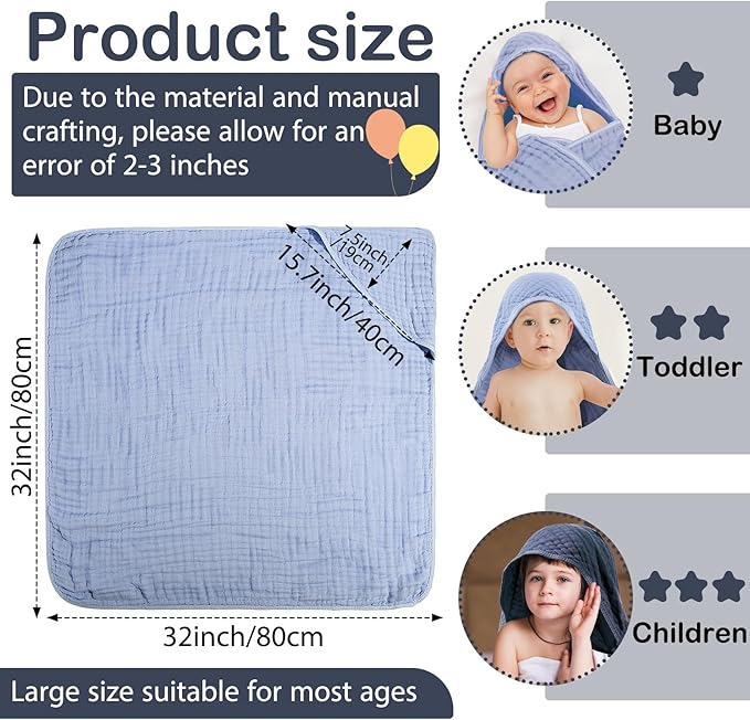 VitalCozy 6 Pcs Baby Muslin Hooded Bath Towels and Washcloths Muslin Cotton Hooded Baby Towels Absorbent Blankets for Gift Newborn Infant Shower (32 x 32 Inch,Dark Blue,Light Blue)