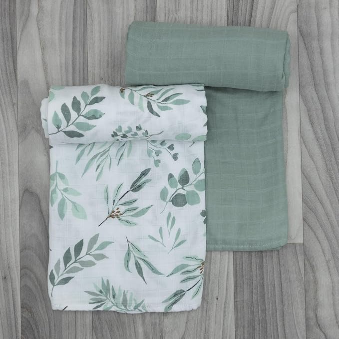 Organic Baby Muslin Swaddle Blankets for Boy or Girl - Eucalyptus Leaves and Sage Swaddling Blanket 2 Pack - Soft Muslin, XLarge and Breathable, Boho Baby, 47" X 47"