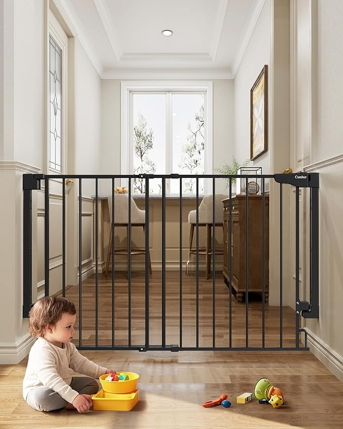 Cumbor Expandable 31.6-48" Baby Gate for Stairs, Wall-Mounted, 2-in-1 No Bottom Bar Dog Gate Indoor, Pet Gate for Doorways with Large Walk Thru Door, Child-Proof Safety Gate for Kids (Black)