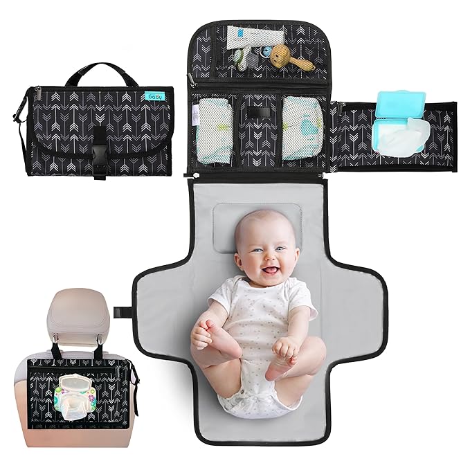 Kopi Baby Portable Diaper Changing Pad-Baby Diaper Changer Travel Bag with Wipes Pocket, Smart Design Portable Changing Mat, Infant Travel Station Kit, Gift for Newborn Girl & Boy-Black Arrows,Premium