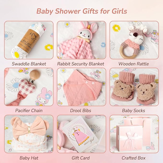 Strawberry Fairy 10 PCS Baby Gift Set for Girls, Newborn Essentials Stuff Baby Girl Gifts, Baby Girl Gift Basket, Gender Reveal Gifts Basket with Rattle Swaddle Blanket