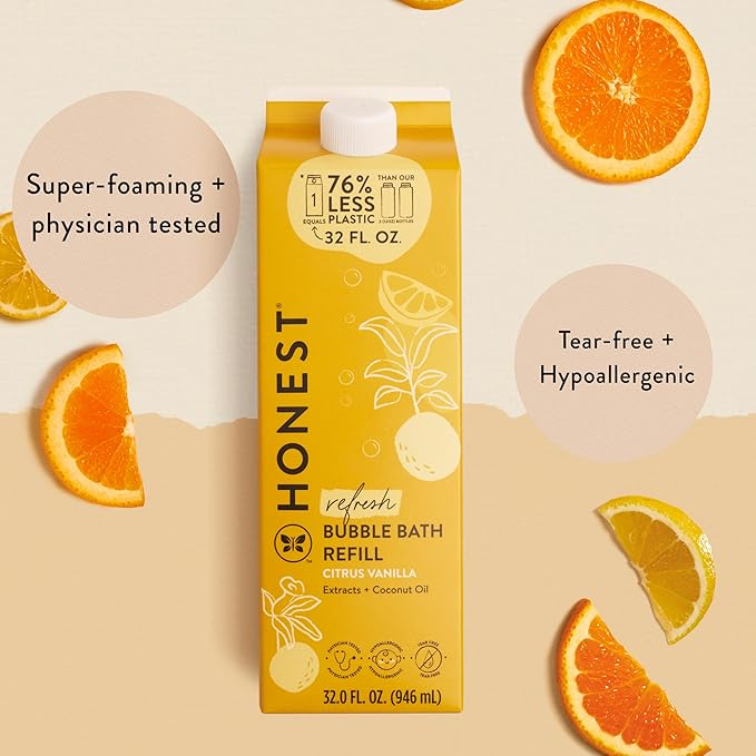 The Honest Company Foaming Bubble Bath Refill Carton, Gentle for Baby, Naturally Derived, Tear-Free, Hypoallergenic, Citrus Vanilla Refresh, 32 fl oz