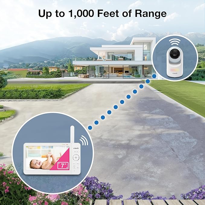 VTech Video Baby Monitor with 7" Color LCD Screen, Rechargeable Battery, Video Streaming, Audio Streaming, Pan-Tilt-Zoom, Touch Multi-Color Night Light, Two-Way Talk, Long Range: Advanced Max Blue