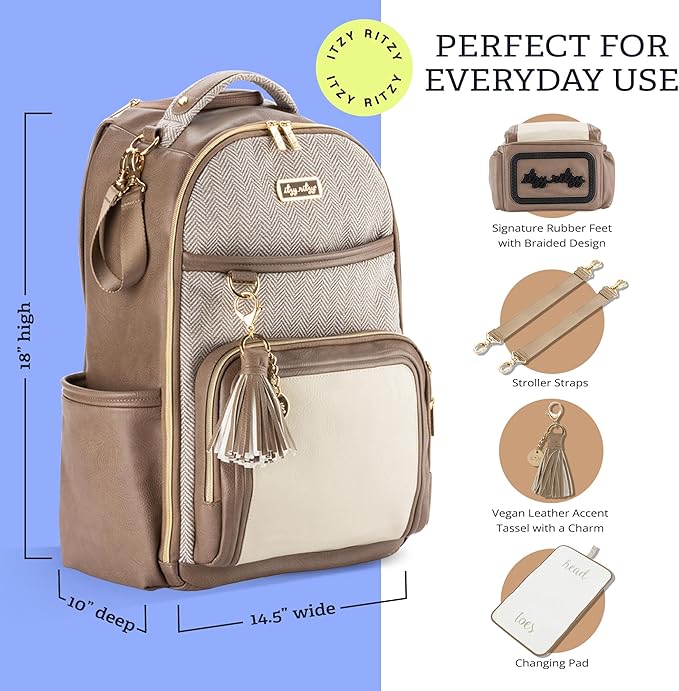 Itzy Ritzy Diaper Bag Backpack – Large Capacity Boss Plus Baby Backpack Diaper Bag Featuring 19 Pockets, Changing Pad, Stroller Clips, and Comfortable Straps (Vanilla Latte)