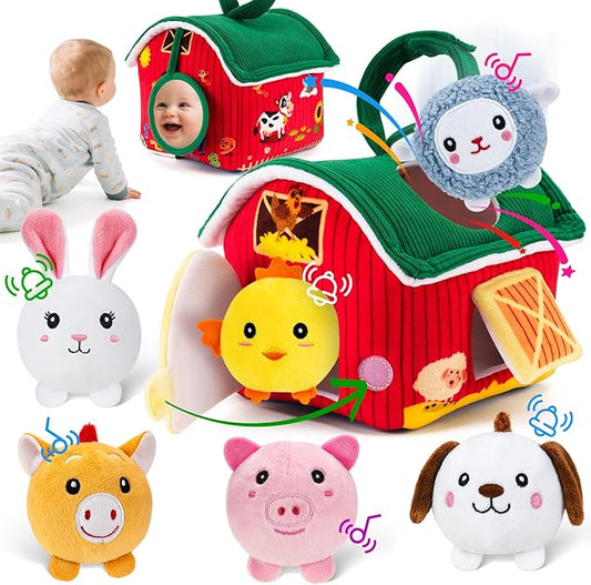 Baby Toys 6-12 Months, Barn Toy with Stuffed Farm Animals - Rattle, Crinkle Paper, Montessori Toys for 1 Year Old, Sensory Toy for Toddlers 1-3 Birthday Gifts Infant Christmas Stocking Stuffers