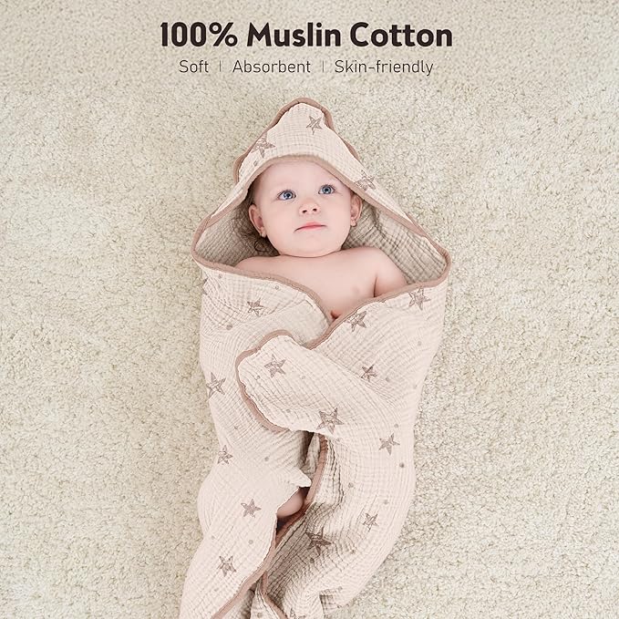 Susurration Hooded Baby Towels for Newborn 2 Pack 100% Muslin Cotton Towel for Babies，Highly Absorbent and Newborn Essential 30x30 Inch Pink Star&Sand
