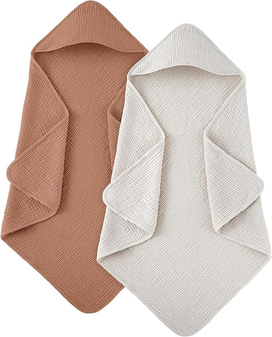 Susurration Hooded Baby Towels for Newborn 2 Pack 100% Muslin Cotton Towel for Babies，Highly Absorbent and Newborn Essential 30x30 Inch Cream&Brown