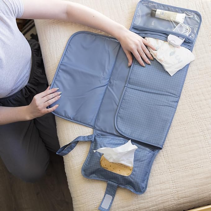 Tiny Twinkle Portable Diaper Changing Pad | Waterproof, Wipeable & Compact Baby Changing Pad for Travel | Smart Wipes Pocket & Organized Storage| Newborn Shower Gift (Grid)