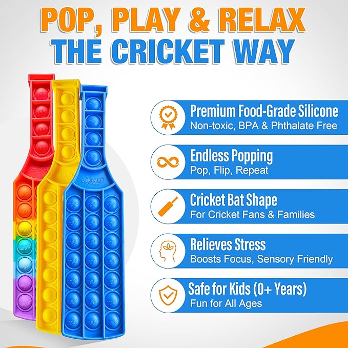 Cricket BAT Push Pop Bubble Fidget Toy – Build Focus | Stress Relief Sensory Toy | 0+ Baby Safe Silicone Fidget Bat with Cricket Ball Seam Texture | Pack of 1 Rainbow / Pack of 3 Colors