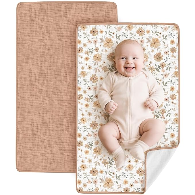 Konssy 2 Pack Waterproof Muslin Cotton Portable Changing Pad 30"x 17", Soft & Foldable Baby Changing Mat Travel Pad with Terry Backing, Shower Gift for Newborn Girls Boys (Toffee,Flourish)
