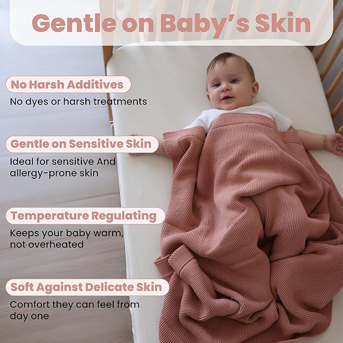 Little Dedi 100% Organic Cotton Baby Knitted Blanket with Gift Box - Soft Toddler, Crib, Stroller Blanket - Neutral Swaddle and Receiving Blanket for Newborns, 30"x40", Pink