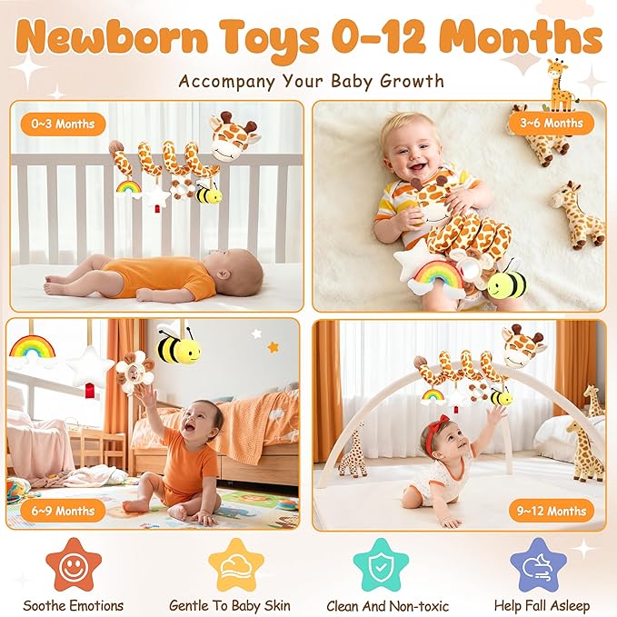 Stuffed Spiral Car Seat Baby Toys 0-6 Months, Infant Giraffe Sensory Toys Hanging Stroller Accessories, Newborn Shower Gifts for Baby Boys Girls Essentials | Cute Colorful Giraffe