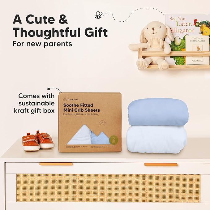 2-Pack Mini Crib Sheets Fitted - 38x26 Pack N Play Sheets for Pack and Play Mattress, Organic Cotton, Soft & Breathable Playard Bedding, Neutral Mini Toddler Bed Cover for Boys, Girls (Blue Flax)