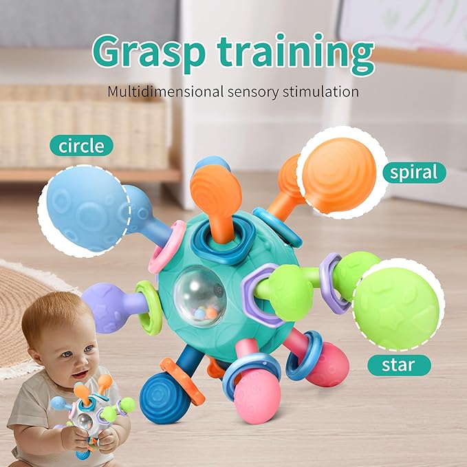 Baby Montessori Teething Toys for 0-6 6-12 Months Infant Teethers Sensory Toys for Babies 0 3 6 9 12 18 Months Learning Developmental Chew Rattle Toys Shower Gifts for 1 2 Year Old Girls Boys White