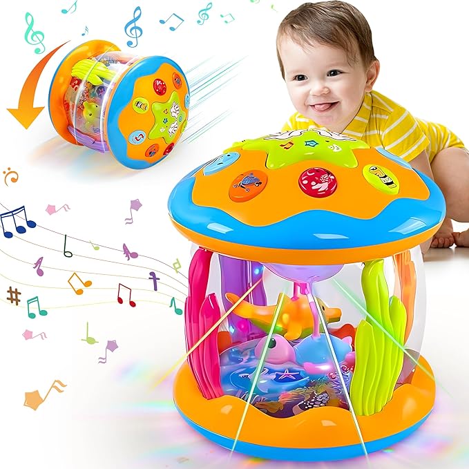 Baby Toys 6 to 12 Months - Musical Rotating Light Up Infant Toys, Early Learning Toys Baby Crawling Drum Toy, Tummy Time Educational Sensory Baby Girl Gifts for Toddlers 1 2 3 Years Old