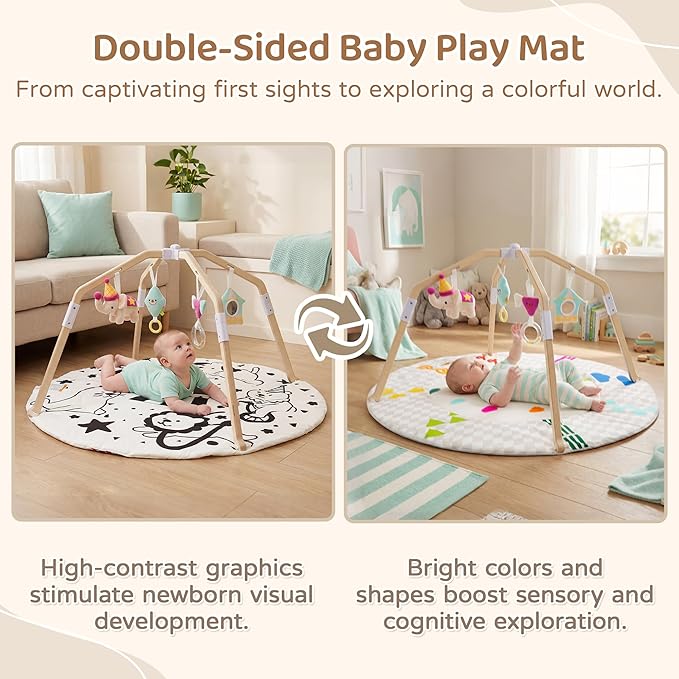 Bella's Friends Circus-Themed Baby Play Gym, 2-Sided High-Contrast Tummy Time Mat with 4 Detachable Sensory Toys, Foldable Wooden Frame Playmat for Stage-Based Development, Baby Essentials Shower Gift