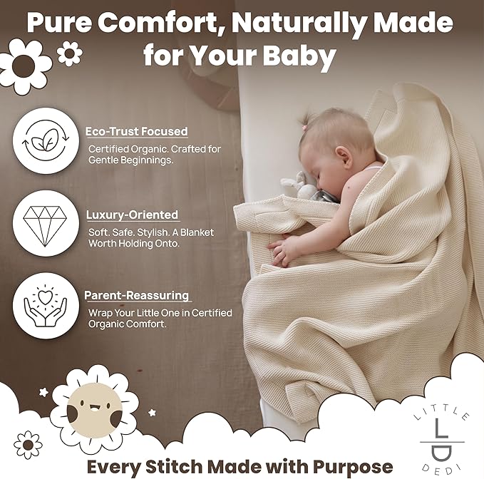 Little Dedi 100% Organic Cotton Baby Knitted Blanket with Gift Box - Soft Toddler, Crib, Stroller Blanket - Neutral Swaddle and Receiving Blanket for Newborns, 30"x40", Stone