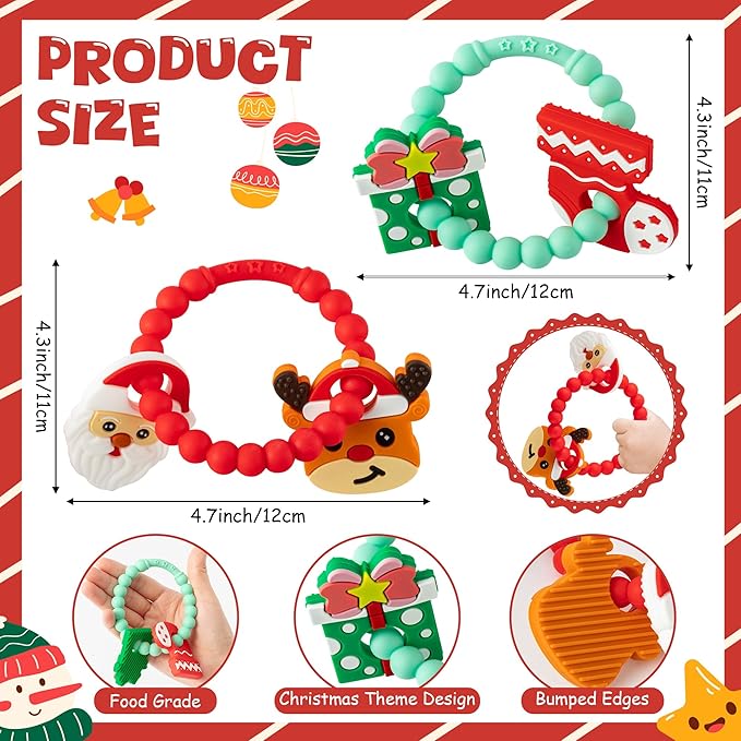 Christmas Baby Silicone Teether Toys - 2ooya 2Pcs Deer Gift Teething Ring Infant Soft Teether Toddler Sensory Chew Toy with Rattles for Newborn to Soothe Sore Gums The First Christmas Gifts for Babies