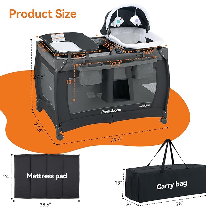 Pamo Babe One Step Setup 4-in-1 Playard for Babies Pack and Play - Portable Crib with Changing Table