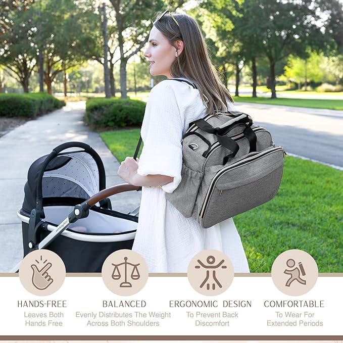 Mellories 4 in 1 Convertible Baby Diaper Bag – Converts from Tote to Backpack, Stroller & Crossbody Diaper Bag – Gray Baby Travel Bag – Gift for Moms