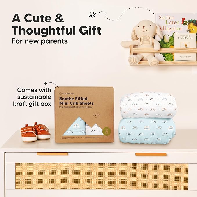 2-Pack Mini Crib Sheets Fitted - 38x26 Pack N Play Sheets for Pack and Play Mattress, Organic Cotton, Soft & Breathable Playard Bedding, Neutral Mini Toddler Bed Cover for Boys, Girls (Jolly Rainbow)