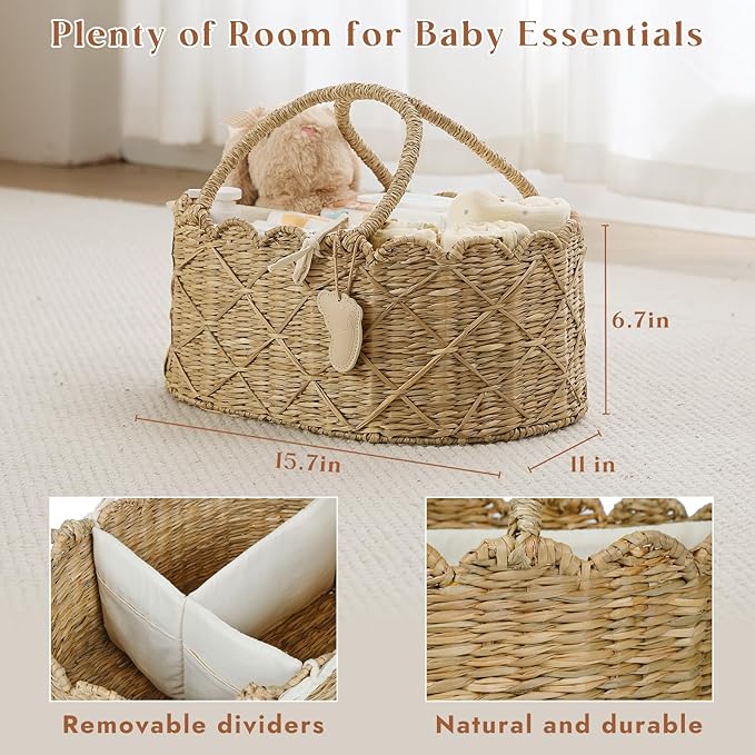 YANGQIHOME Diaper Caddy Organizer, Seagrass Nursery Baby Basket for Baby Essentials, Scalloped Wicker Diaper Caddy, Baby Shower Gifts (Diamond)