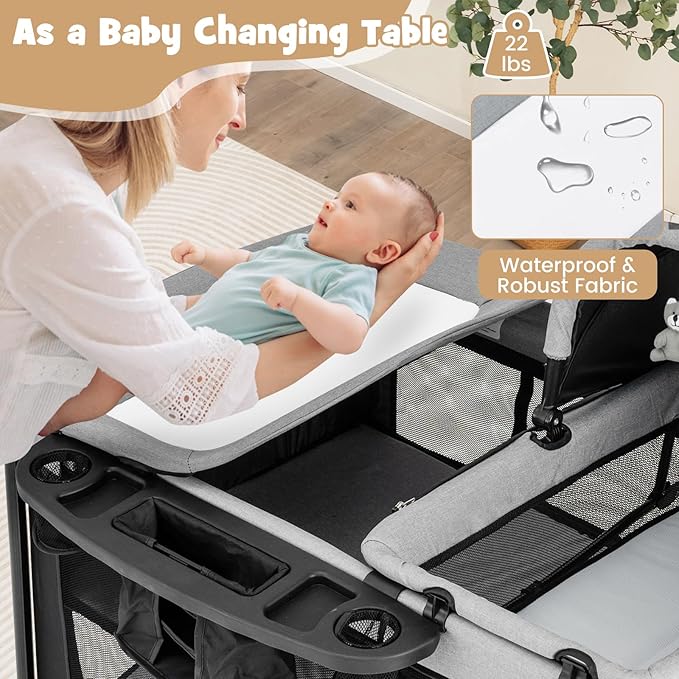 BABY JOY 4 in 1 Pack and Play, Portable Baby Playard with Bassinet & Diaper Changing Table, Infant Bassinet Baby Crib Activity Center with Toys & Oxford Bag from Newborn to Toddlers (Dark, Classic)