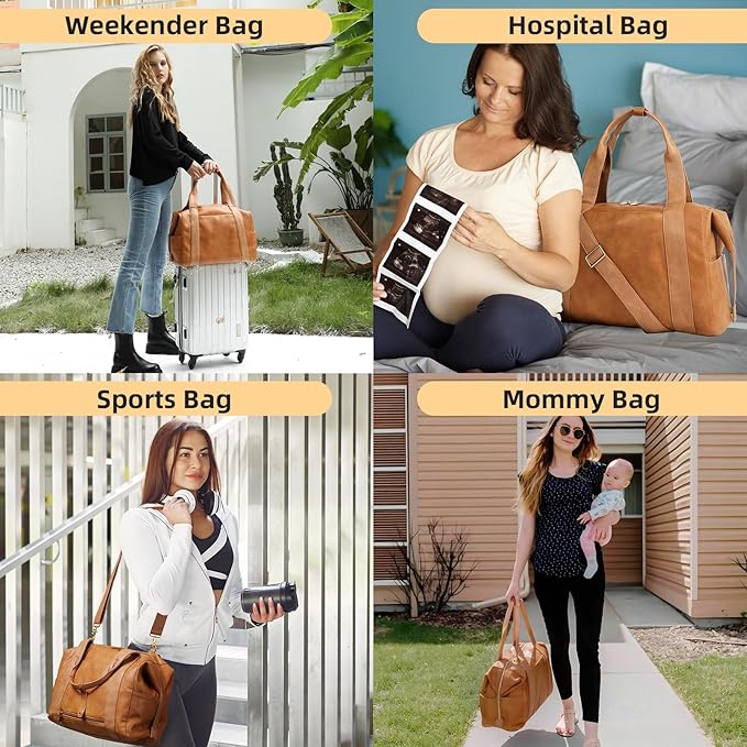 miss fong Large Diaper Bag Tote Pregnancy Hospital Bag Leather Diaper Bag,Baby Tote Bag with 9 Pockets Mommy Bag with Small Purse-Brown