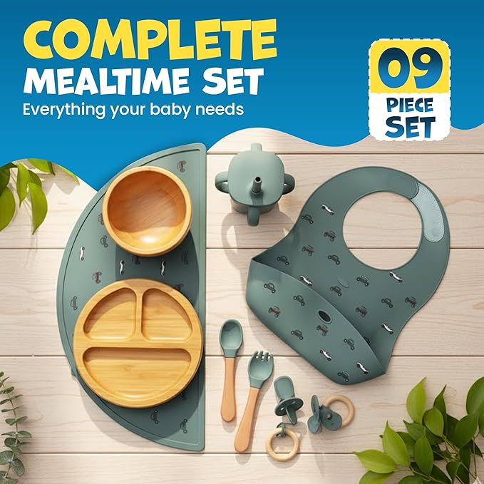 Bamboo & Silicone Baby Feeding Set 8 PCS | Baby Led Weaning Supplies Self Feeding | Divided Suction Plate Bowl Bib Sippy Cup with Straw Utensils Baby Bowls and Spoons Toddler Feeding Set (Pine Gray)