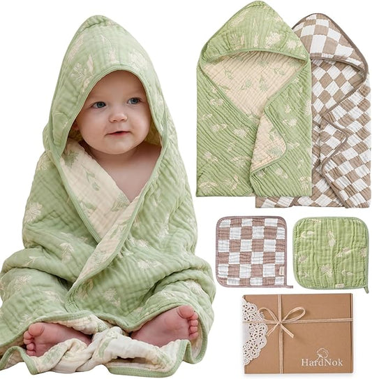 HardNok Muslin Baby Towel Set, 4-Piece Newborn Gift with 2 Bath & 2 Washcloths, Baby Shower Ready, Earthy Botanicals Theme 32" X 32"
